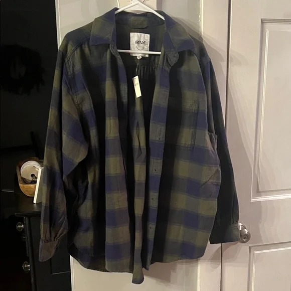 aerie Olive & Navy Plaid Oversized Button-Up Shirt - Picture 1 of 5